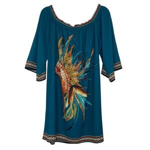 Rocking C Teal Off The Shoulder Mini Dress Native American Print Size Large